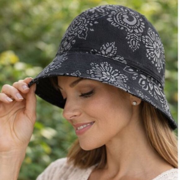 Accessories - Black Cotton Cloche Hat with Floral Print — Lightweight Artisan Style